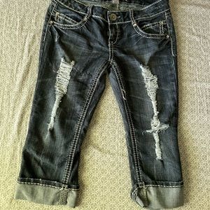 grunge capri jeans, jeweled pockets, low hip/hip hugger